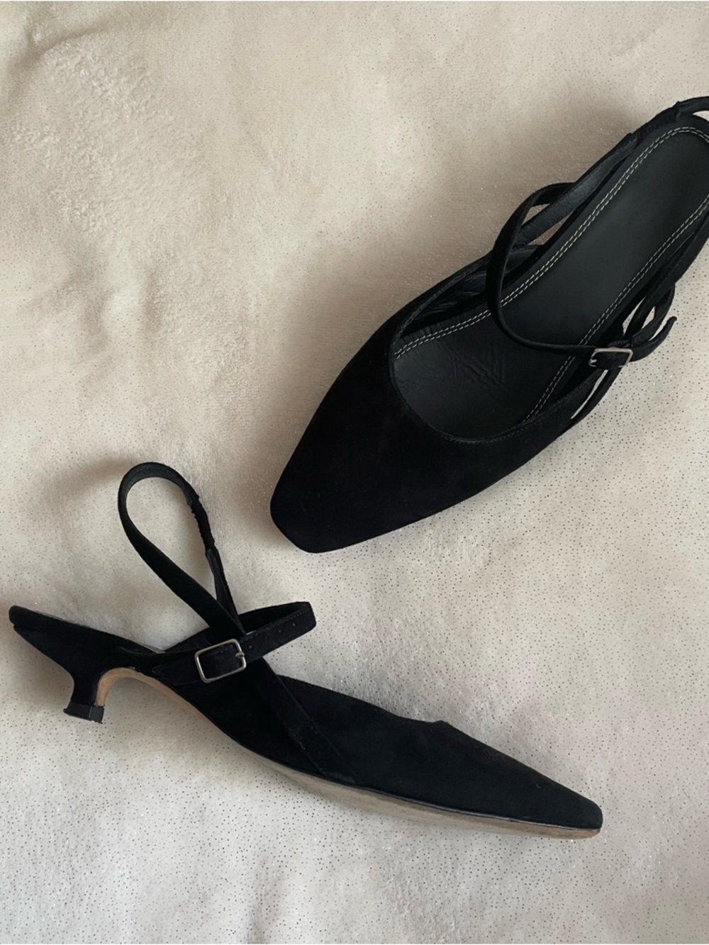 Allison Bornstein Jack Erwin Black Genuine Leather Suede Slingback Kitten Heels